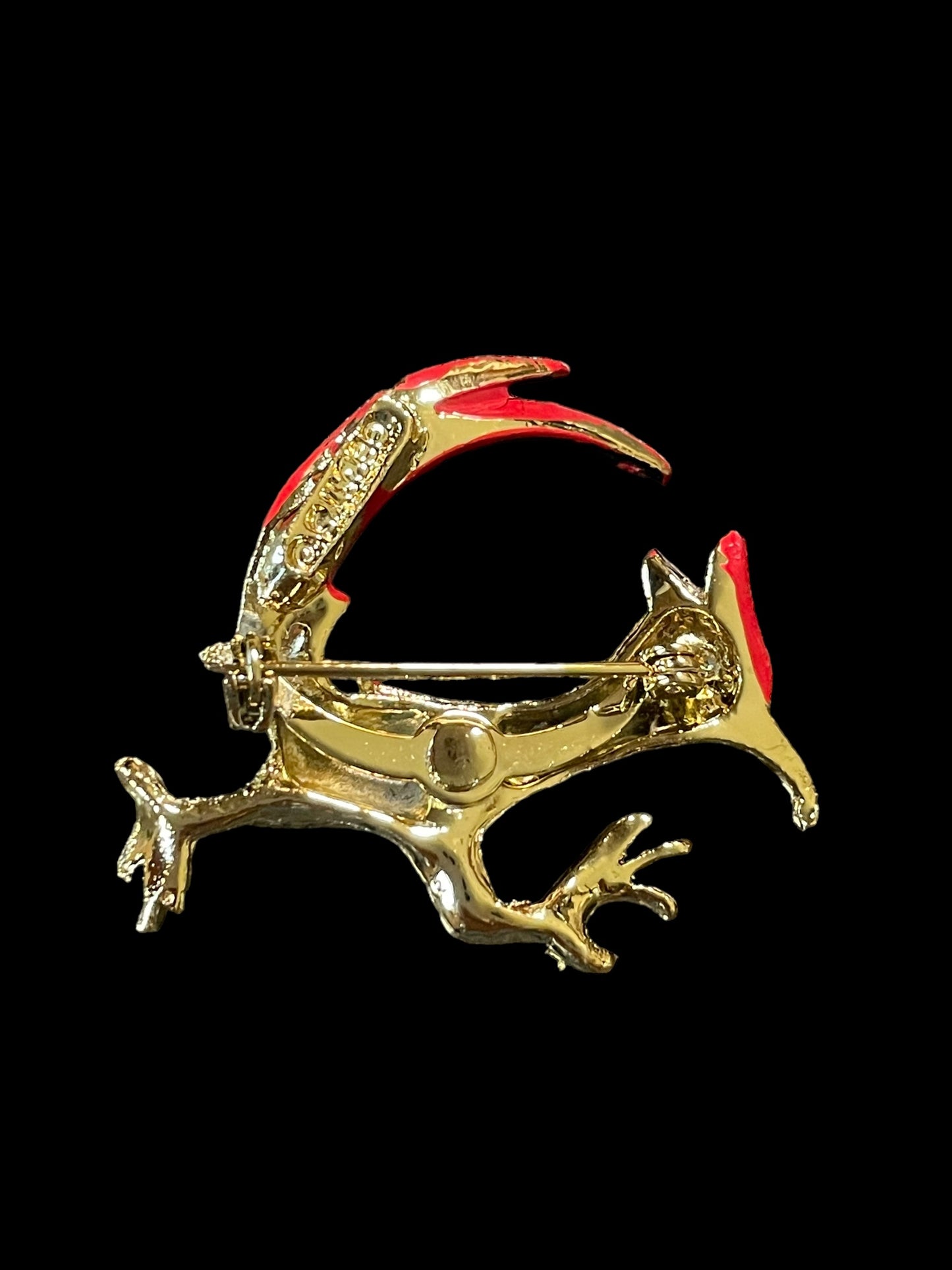 Vintage Gerry's Gold Tone and Red Roadrunner with Green Gemstone Enamel Brooch Pin