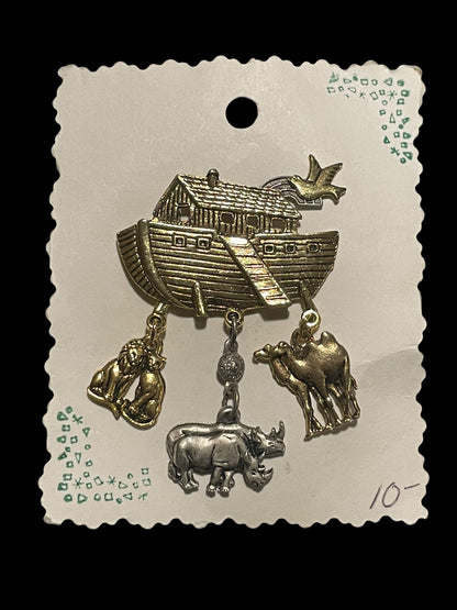 Vintage Gold Tone Noah Ark Dangling Animals Brooch