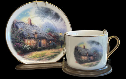 2003 Teleflora Gift Thomas Kinkade Moonlight Cottage Collectible Cup and Plate Set with Stand