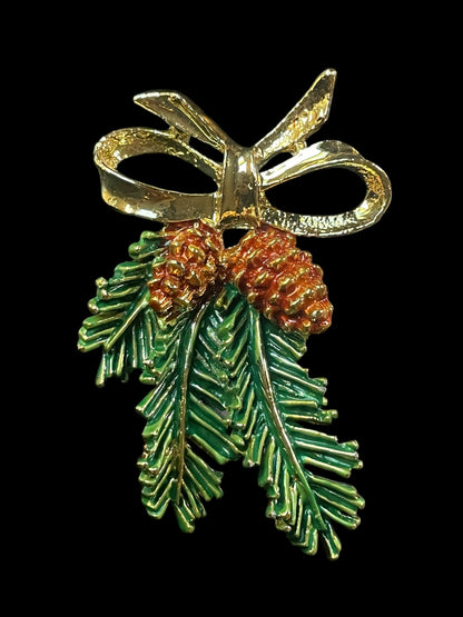 Vintage Gerry's Gold Tone Bow and Pine Bough with Pinecones Brooch Pin