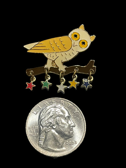 Nostalgic Owl With Dangling Colorful Stars On Branch Brooch Pin