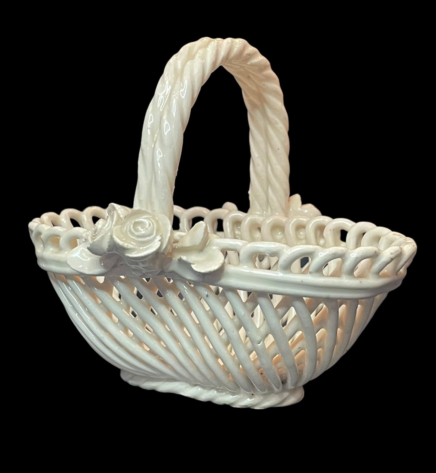 Vintage Porcelain Woven Basket with Handle & Flowers Figurine Made in Italy