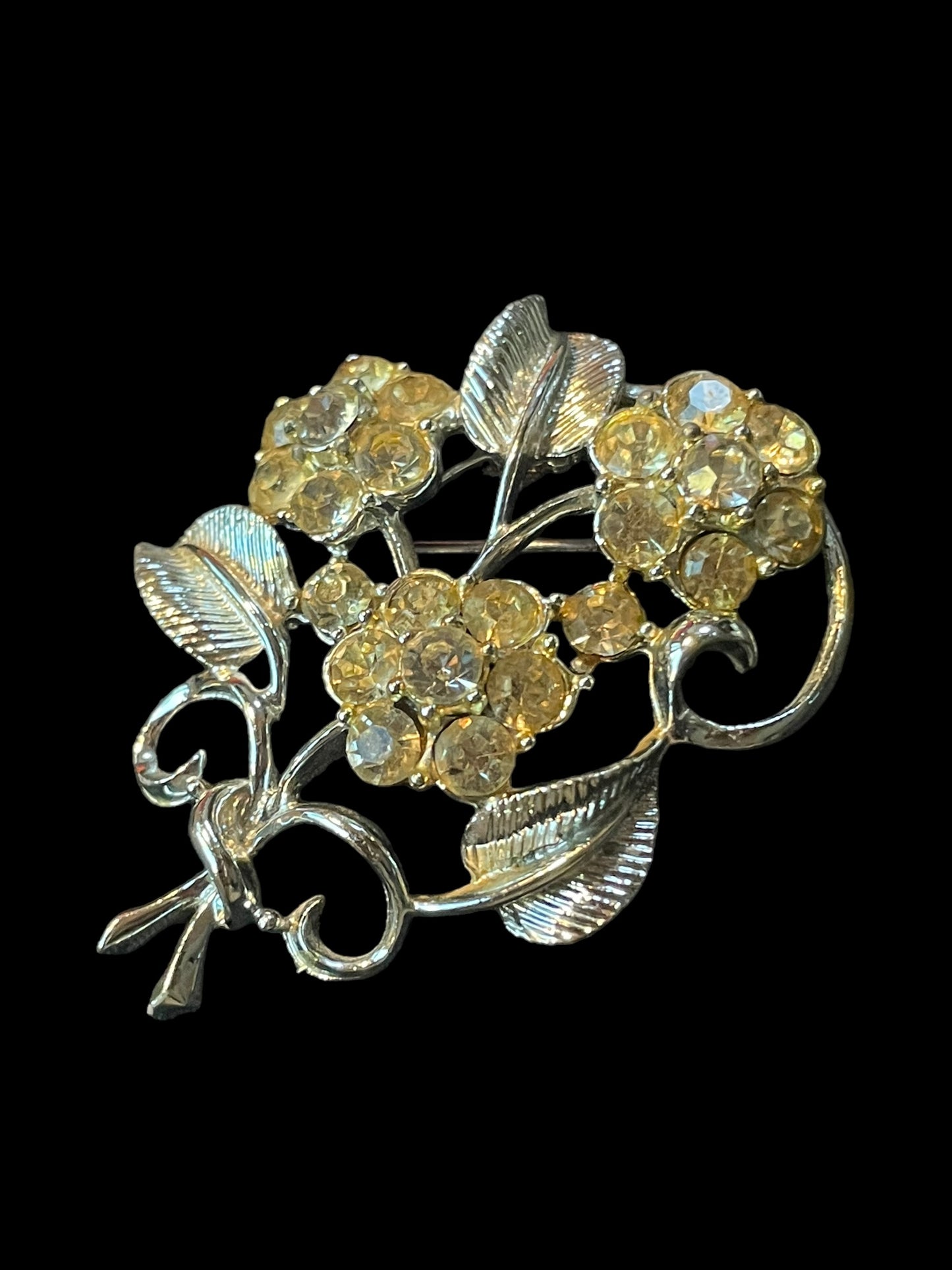 Vintage Pegasus Coro Yellowish Rhinestone Flowers and Leaves Brooch