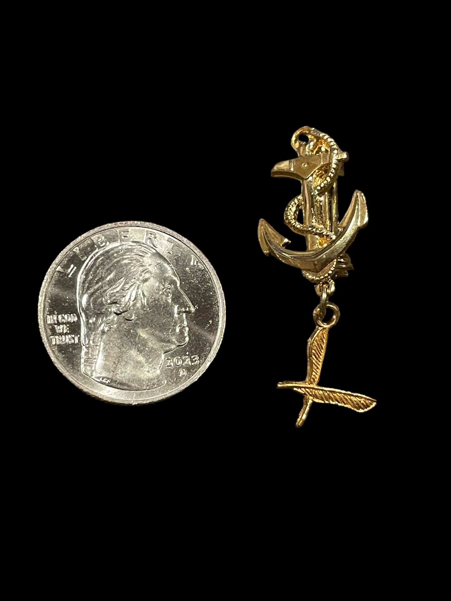 Gold Tone Nautical Anchor and Dangling Feathers Brooch Pin