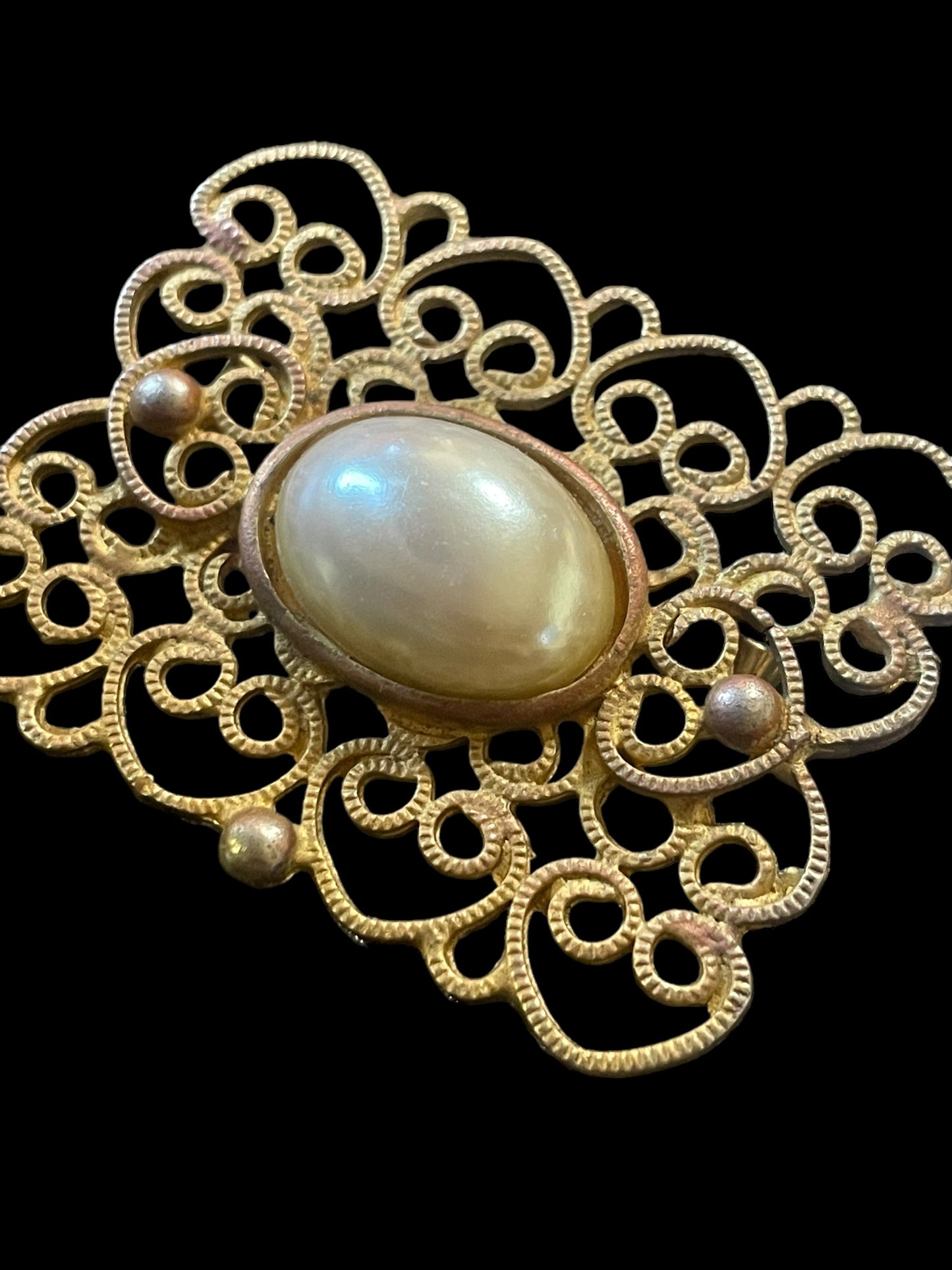 Vintage Goldtone Faux Pearl with Decorative Metalwork Brooch