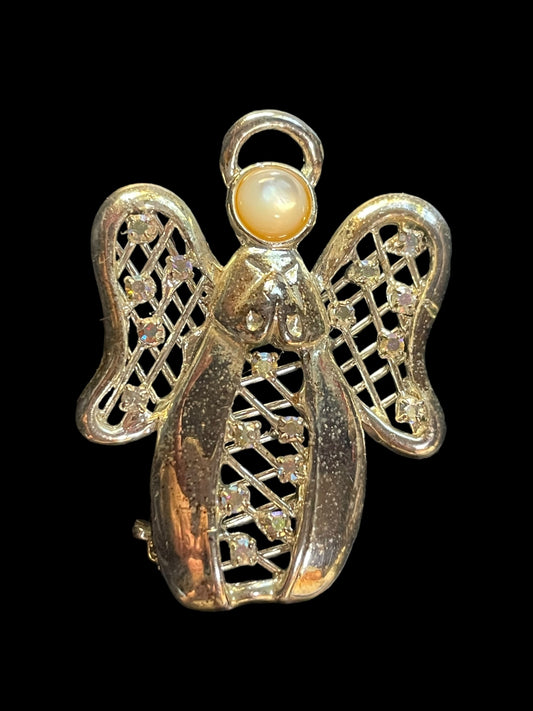 Vintage Guardian Angel Silver Tone Faux Pearl and Rhinestones 3D Brooch Pin