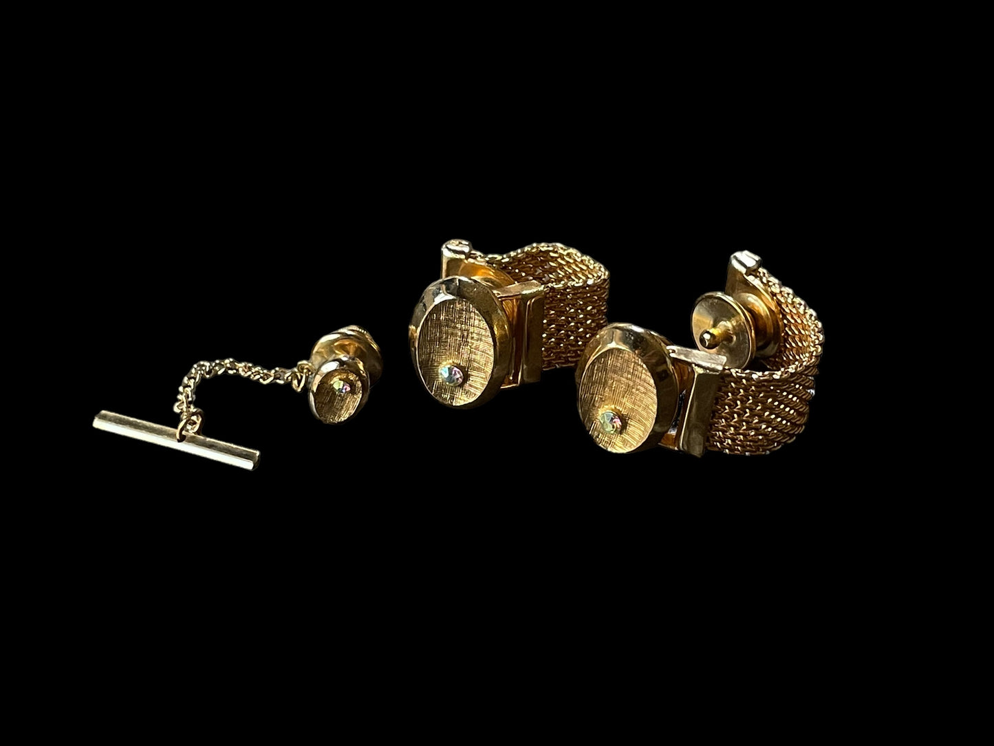 Vintage Oval Gold Tone Cufflinks Clasps and Tie Pin with Imitation Diamond Inlay Set