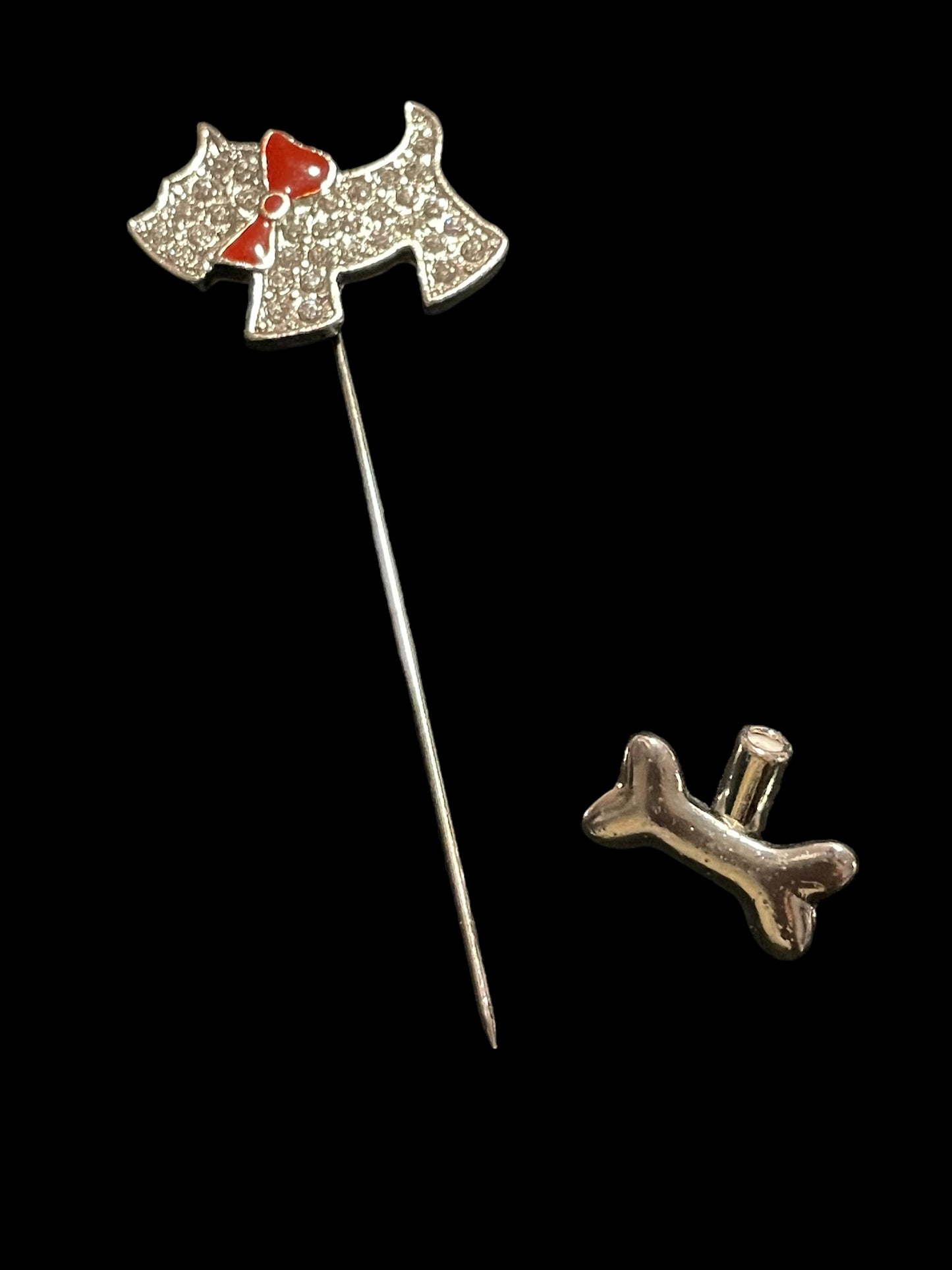 Rhinestone Yorkie or Scottie with Red Enamel Bow Stick Pin