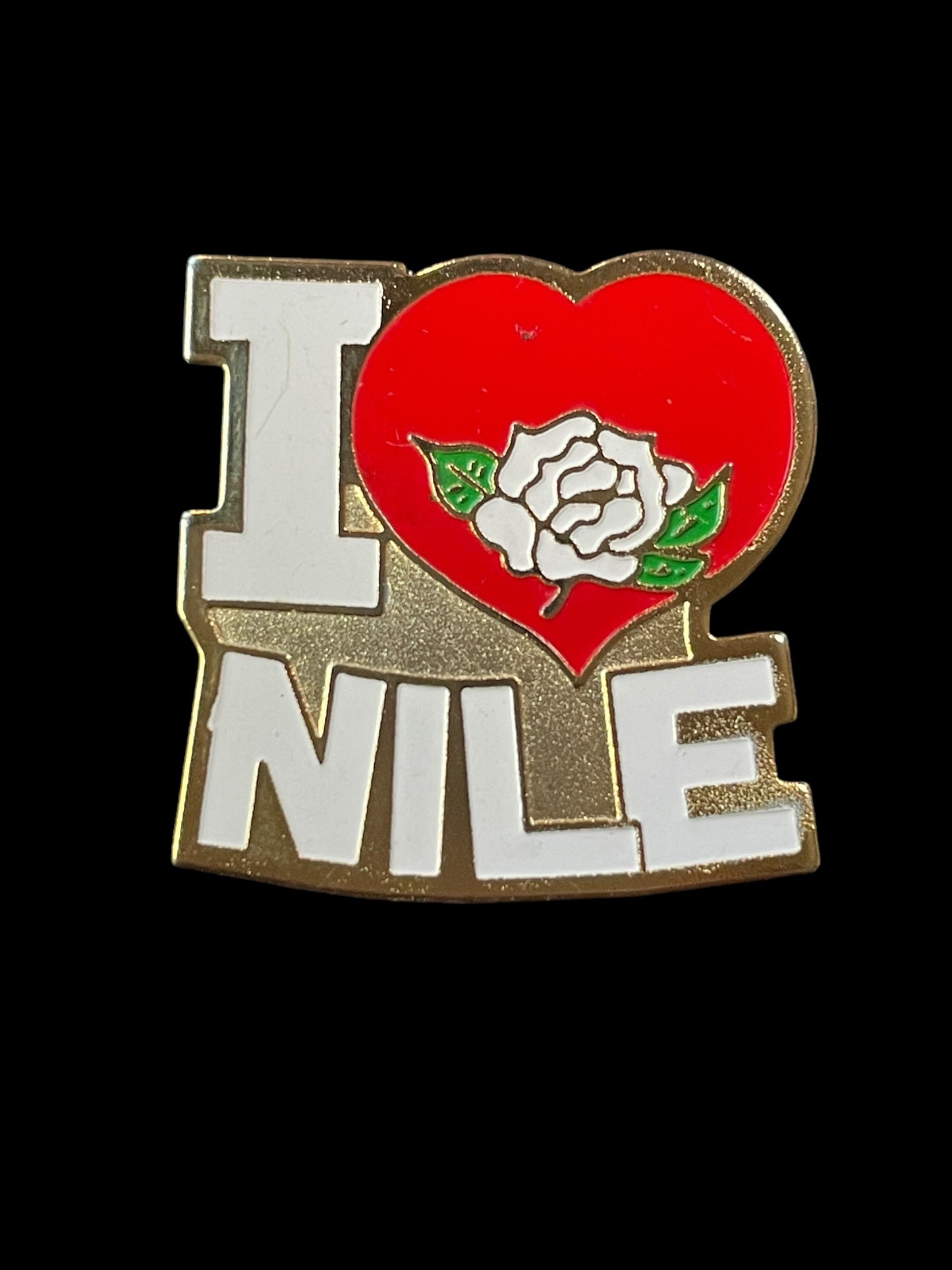 Vintage Gold Tone I Love/Heart Nile with a White Rose Enamel Brooch Pin