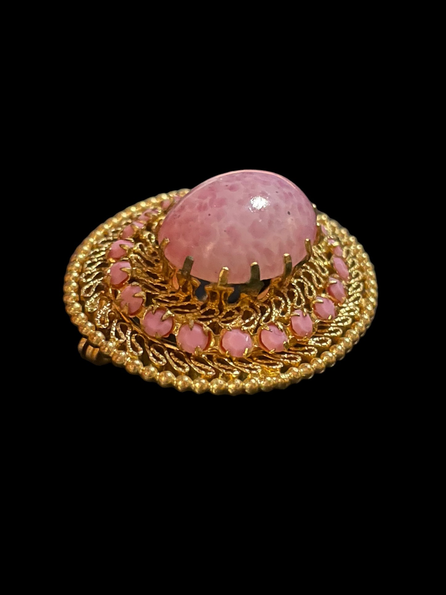 Vintage Gold Tone Filigree Pink Glass and Rhinestones Brooch Pin Made in Austria