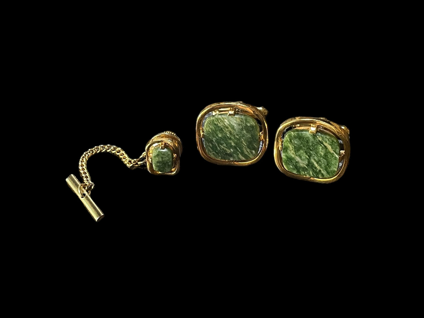 Vintage Senator Gold Plated Cufflinks and Tie Pin with Jade Inlay Mens Jewelry Set