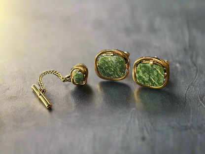 Vintage Senator Gold Plated Cufflinks and Tie Pin with Jade Inlay Mens Jewelry Set