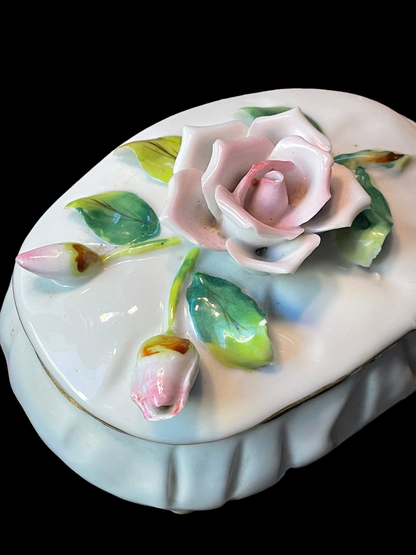 1960s Hand Painted Pink Roses Porcelain Oval Trinket Box