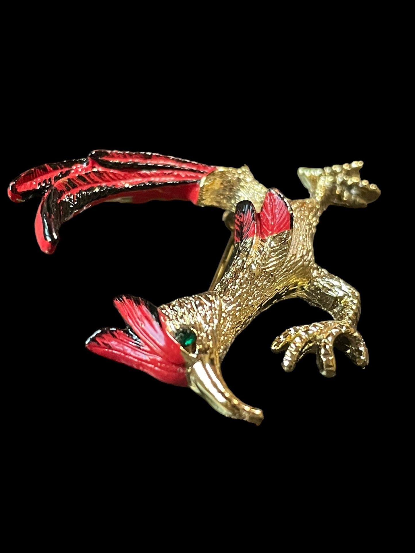 Vintage Gerry's Gold Tone and Red Roadrunner with Green Gemstone Enamel Brooch Pin