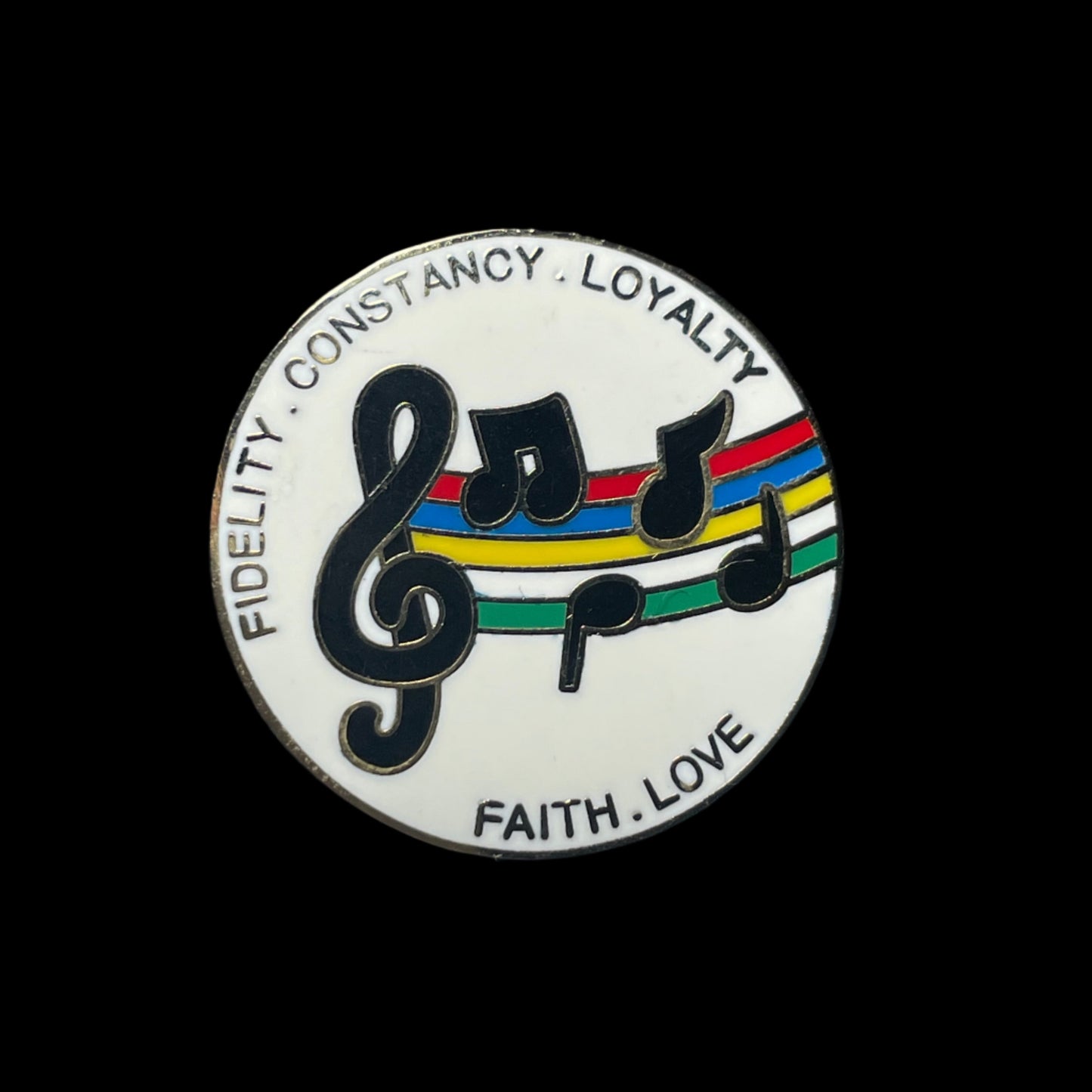 Fidelity Constancy Loyalty Faith and Love Rainbow Music Note Enameled Brooch Pin Vintage