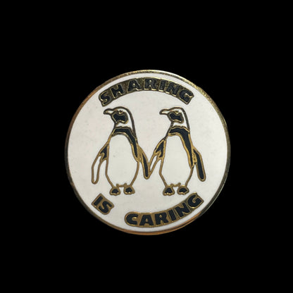 Vintage Sharing Is Caring Penguins White and Gold Tone Round Enameled Brooch Pin