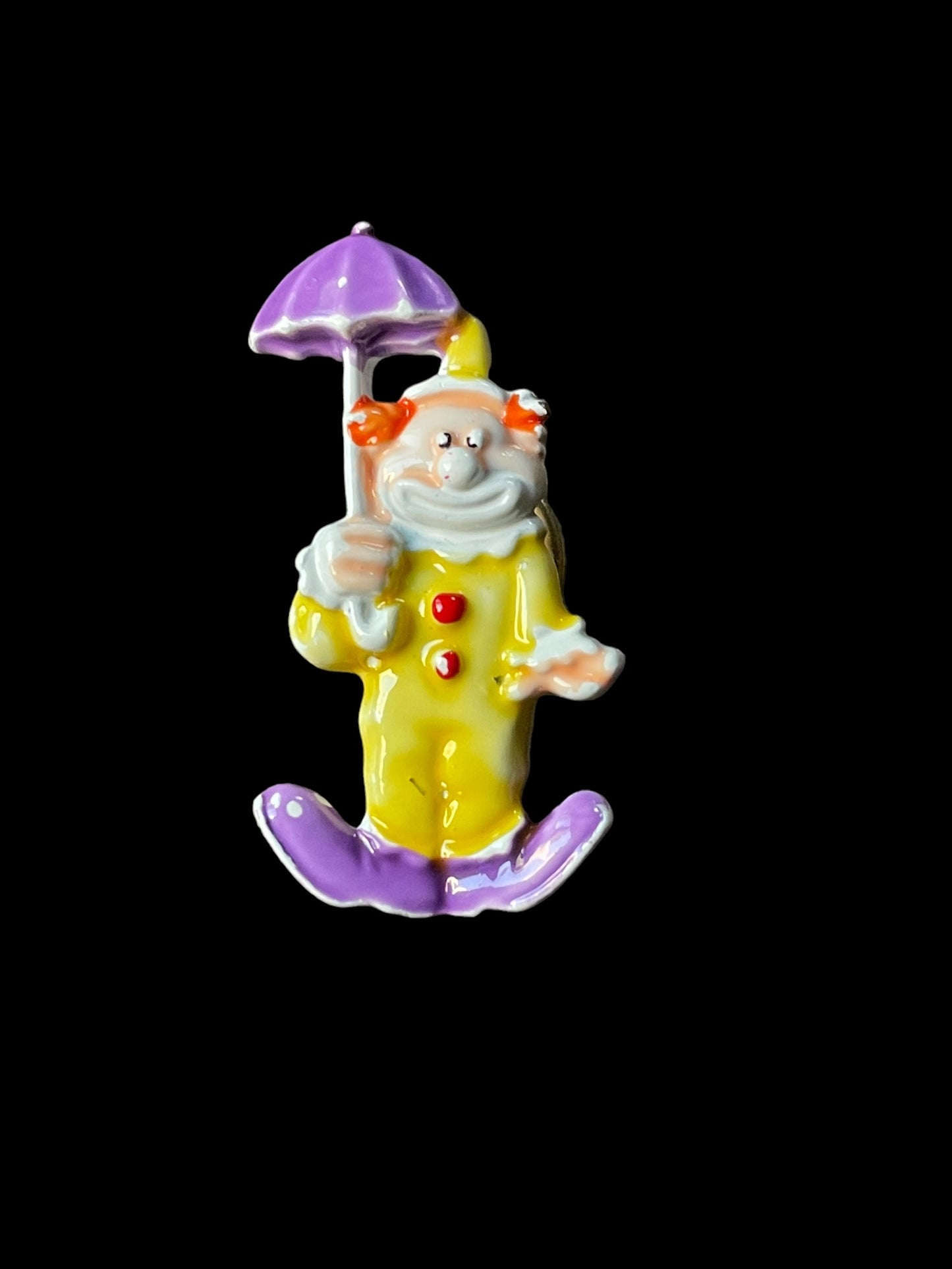 Vintage Signed JJ Yellow Clown with Purple Umbrella Brooch Pin