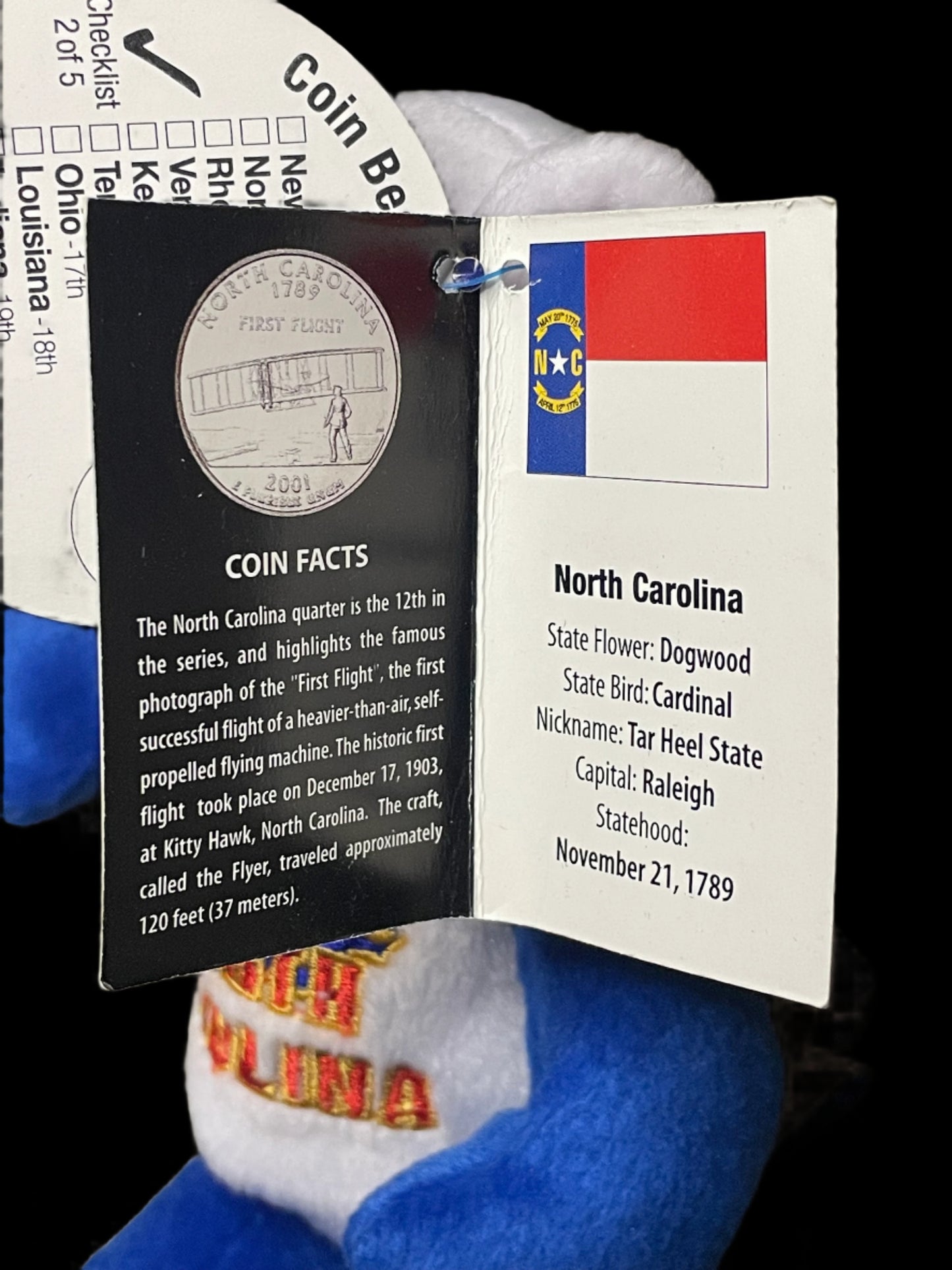 2001 Limited Treasures North Carolina State Quarter Coin Bean Bear Plush