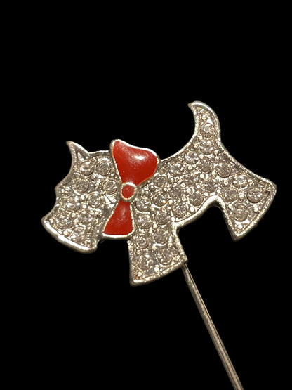 Rhinestone Yorkie or Scottie with Red Enamel Bow Stick Pin