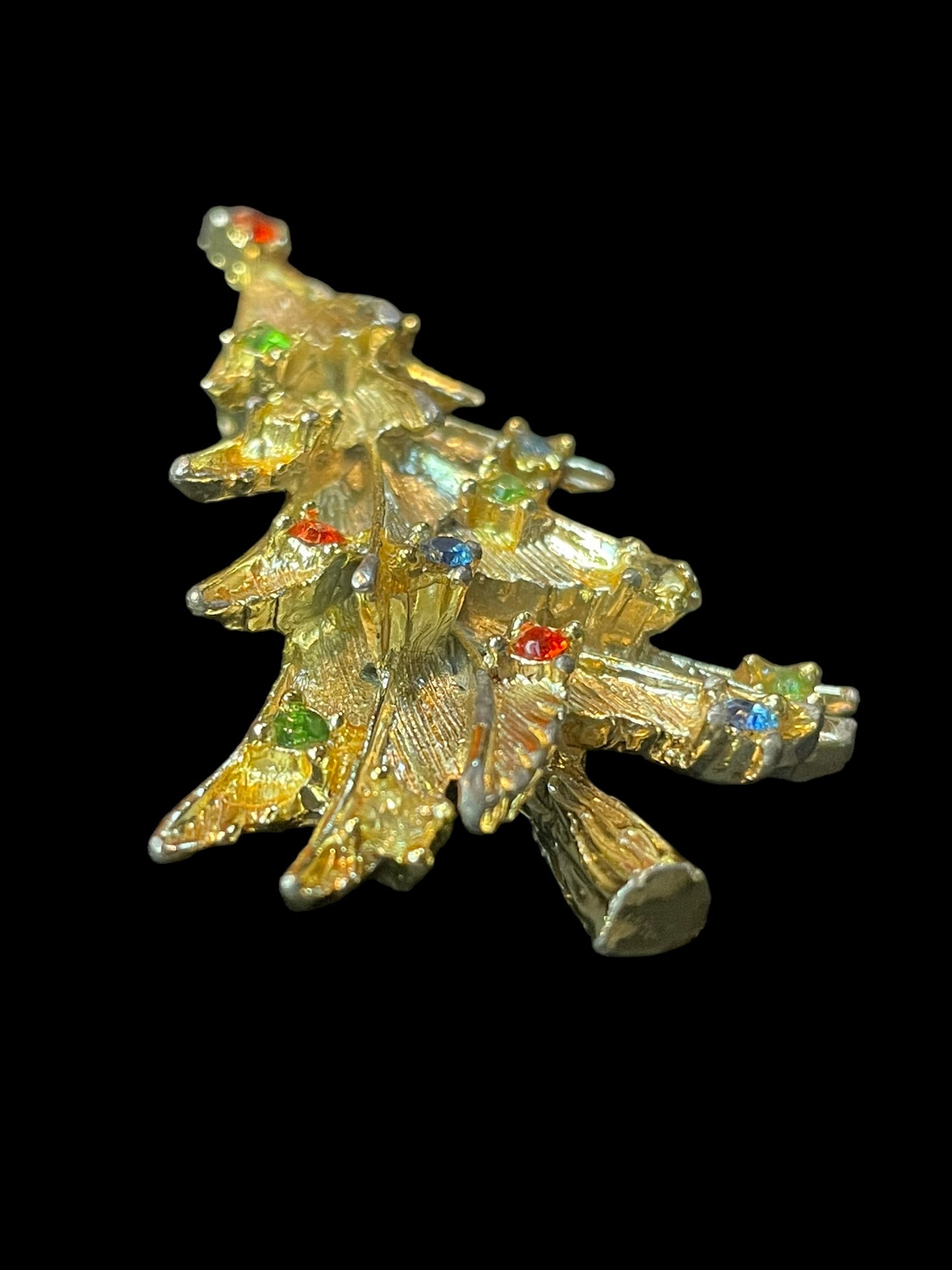 Vintage Gold Toned Christmas Tree Colorful Stone Ornaments Brooch Pin