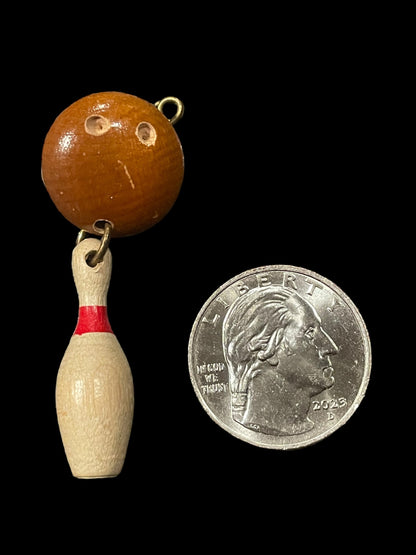 Vintage Wooden Miniature Bowling Ball and Dangling Pin Brooch