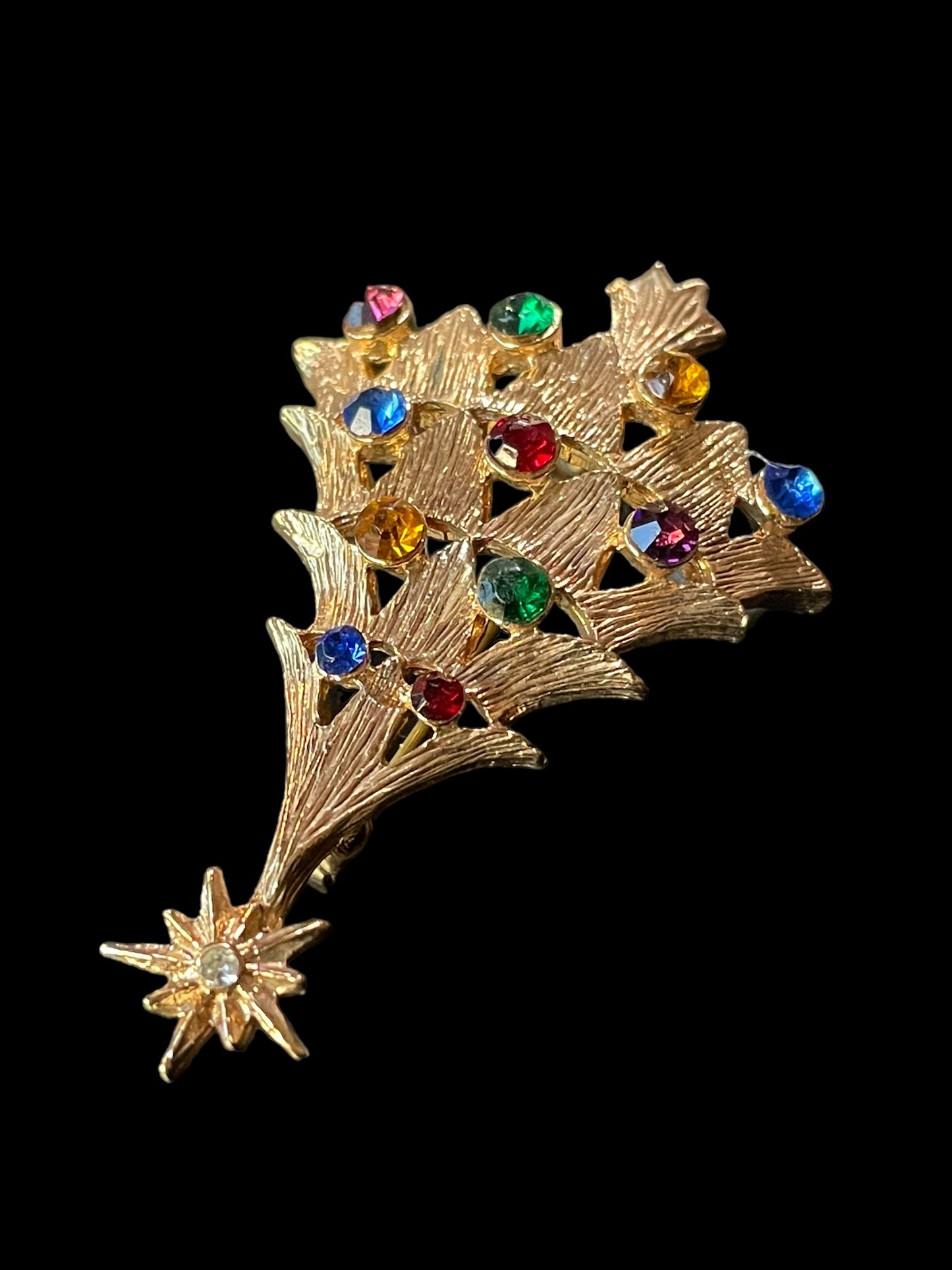 Vintage Gold Tone Multi Color Gemstones Christmas Tree Brooch Pin