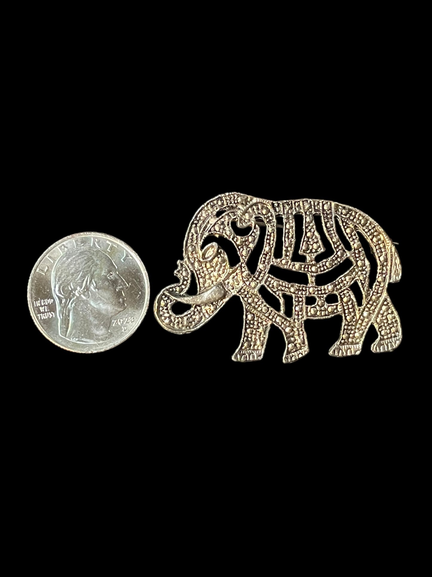 Vintage Silver Tone Marcasite Elephant Brooch Pin