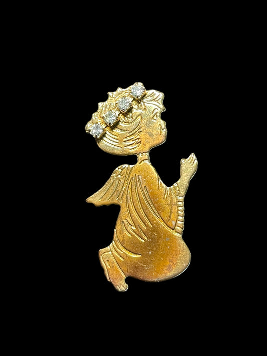 Vintage Clear Rhinestones Halo Etched Gold Tone Praying Angel Brooch Pin