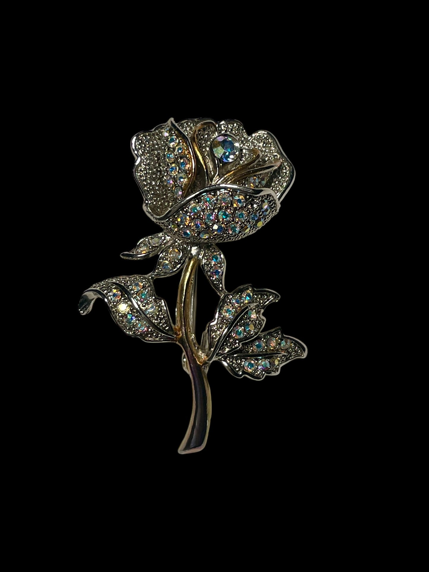 Vintage Worth & Douglas Rhinestone Rose Flower Silver Tone Brooch Pin