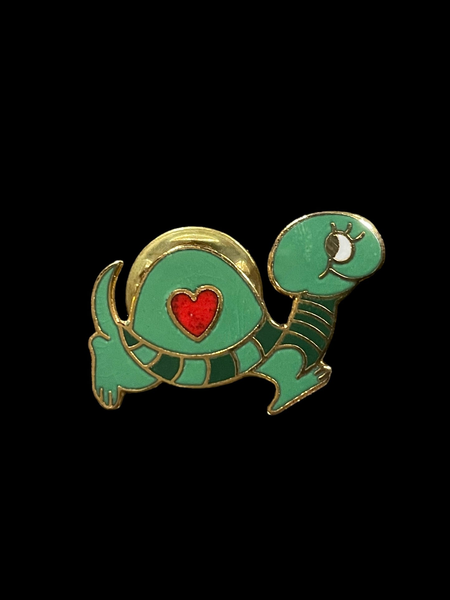 Vintage Green Turtle with Red Heart Enamel Brooch Pin