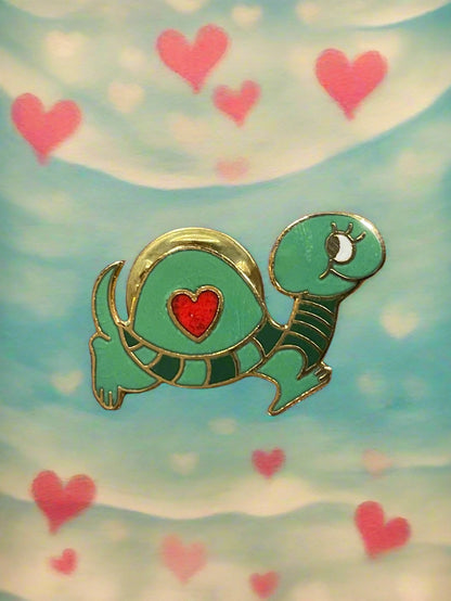 Vintage Green Turtle with Red Heart Enamel Brooch Pin