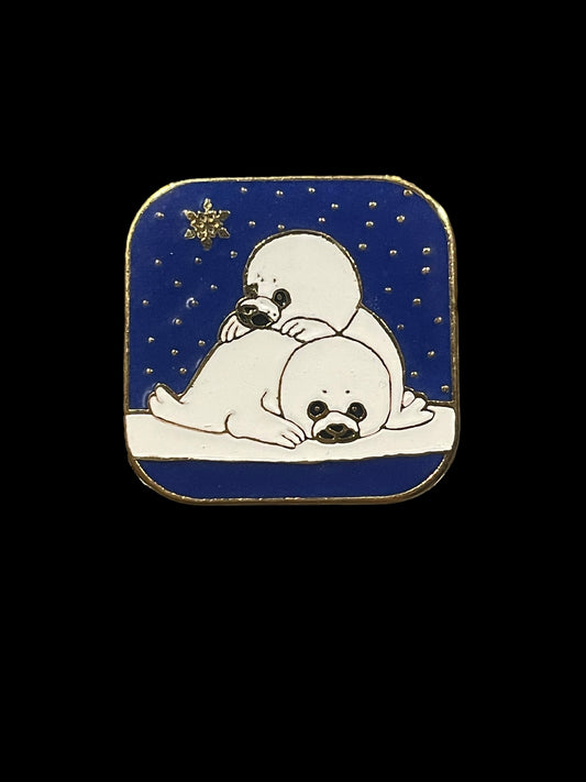 Vintage Gold Tone White Harp Seals Under Starry Night Enamel Brooch Pin