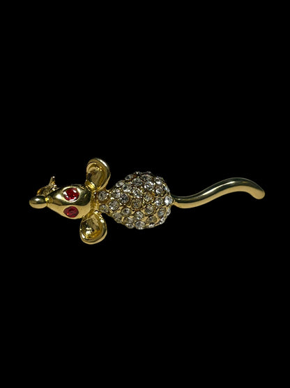 Vintage Rhinestone Mouse Gold Tone Brooch Pin