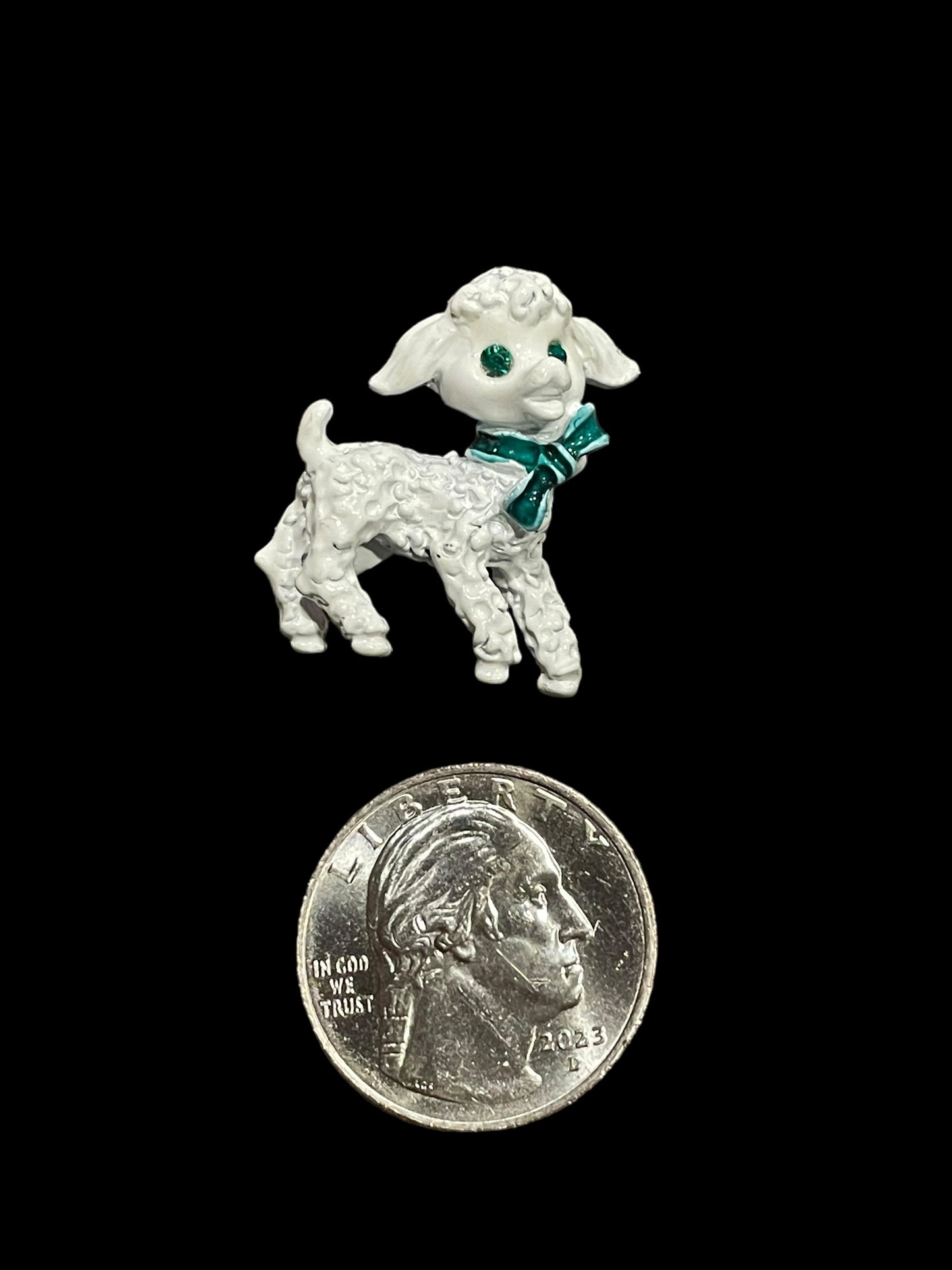 Vintage Precious White Lamb with Green Bow and Eyes Brooch Pin