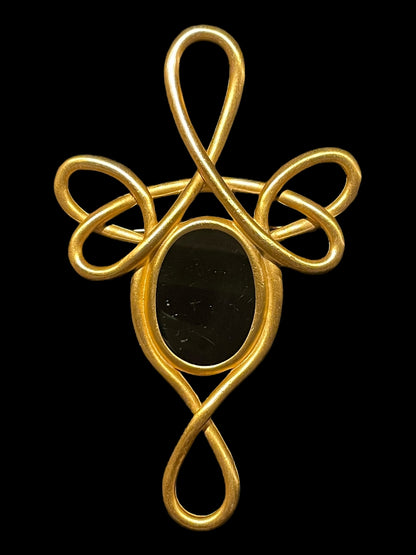 80's Modernist Brushed Gold Onyx Celtic Twists Cross 4" Brooch