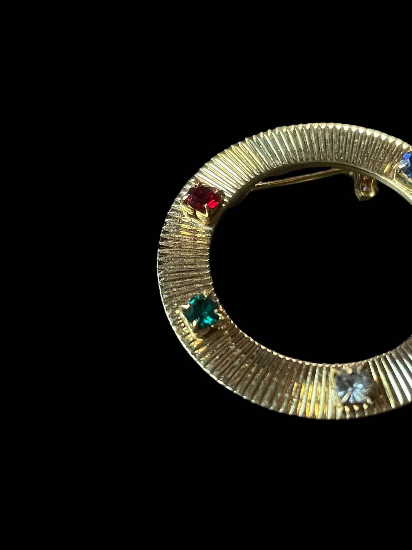 Vintage Gold Tone Multicolor Rhinestones Circle Brooch Pin