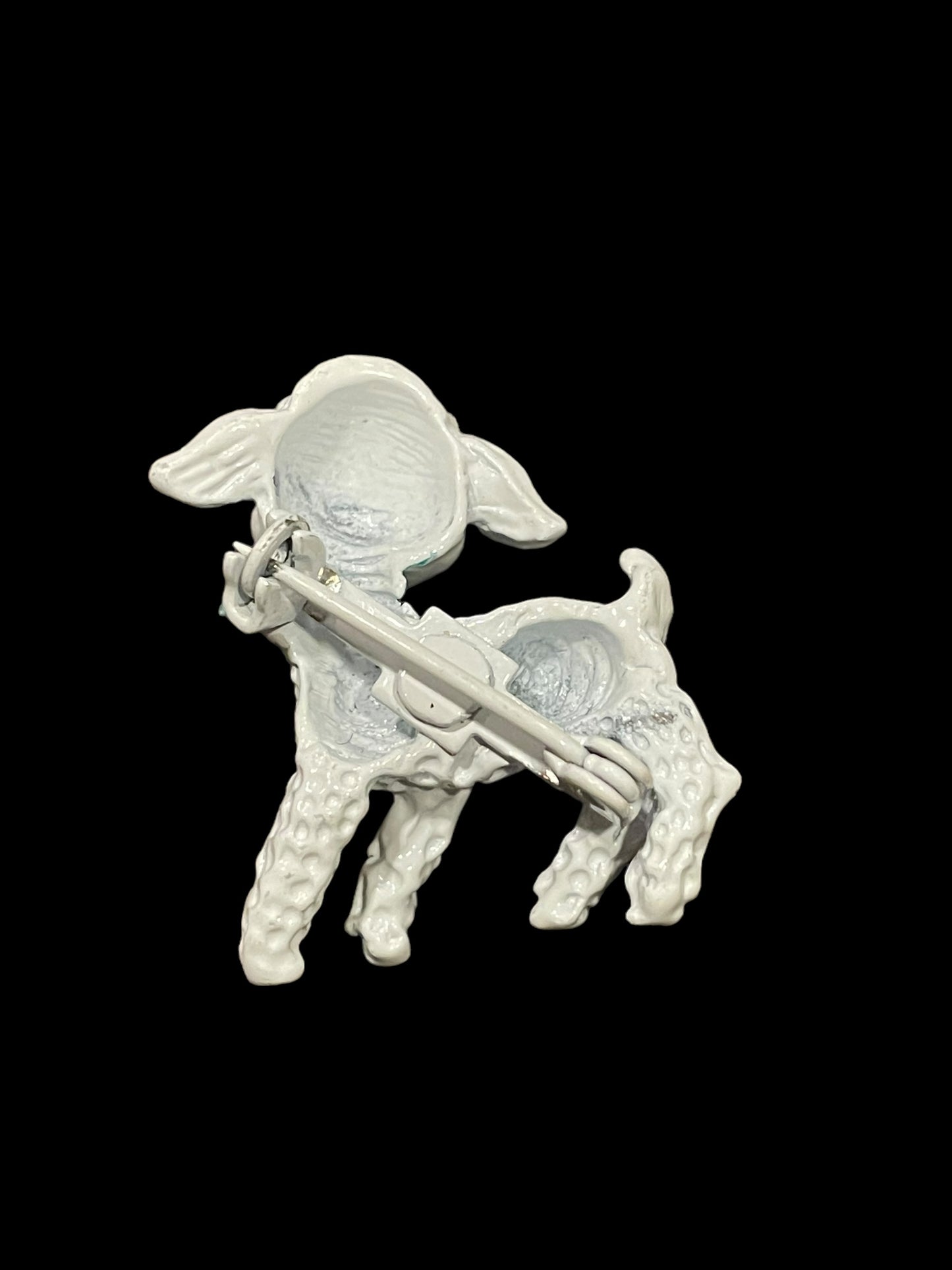 Vintage Precious White Lamb with Green Bow and Eyes Brooch Pin