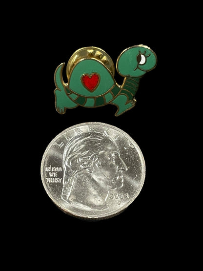 Vintage Green Turtle with Red Heart Enamel Brooch Pin