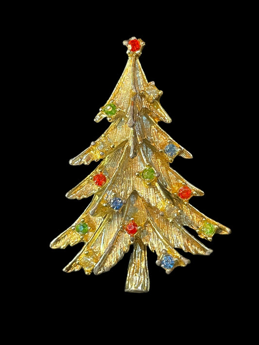 Vintage Gold Toned Christmas Tree Colorful Stone Ornaments Brooch Pin