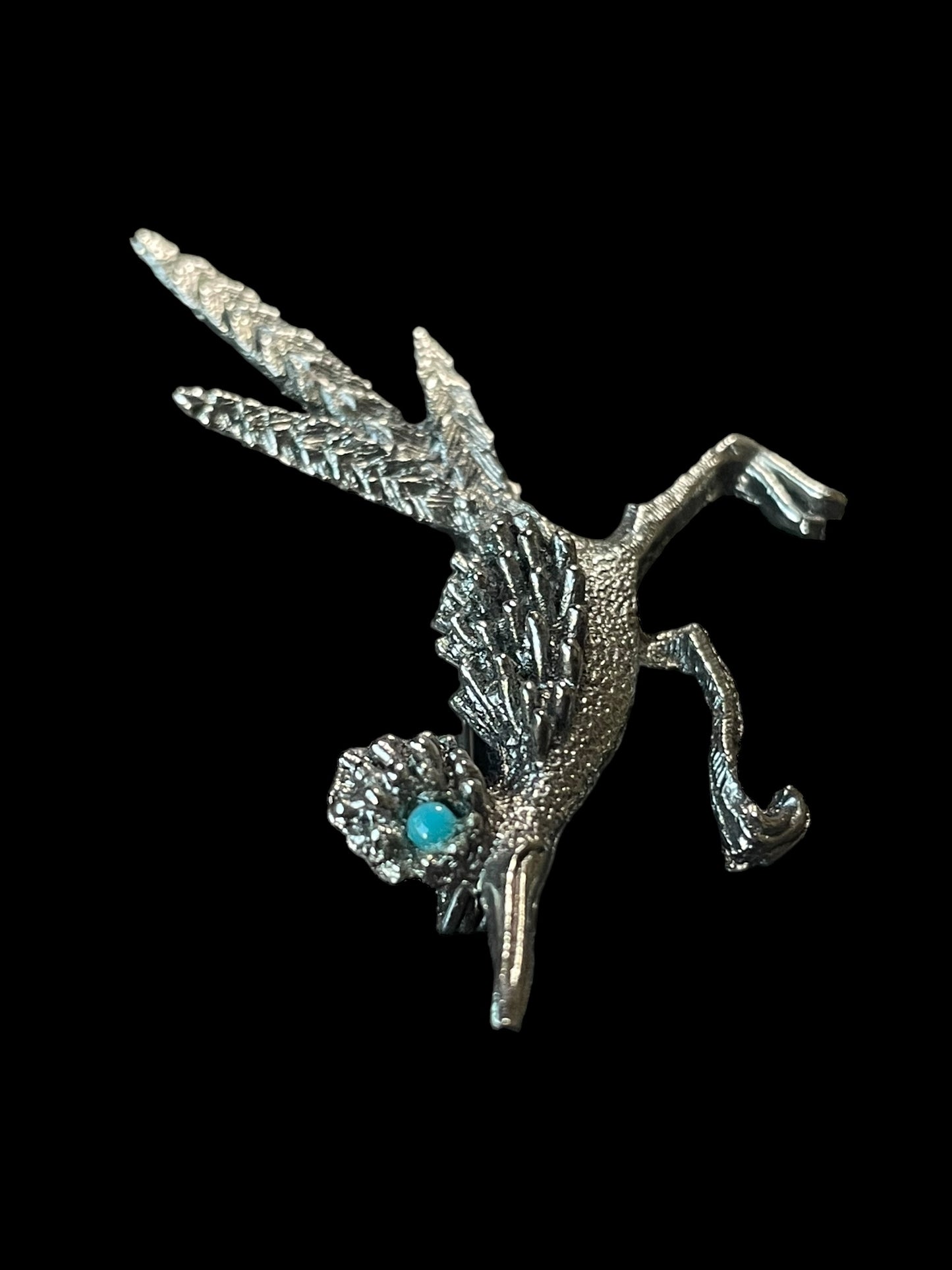 Vintage Silver Tone and Turquoise Eye Roadrunner Brooch Pin