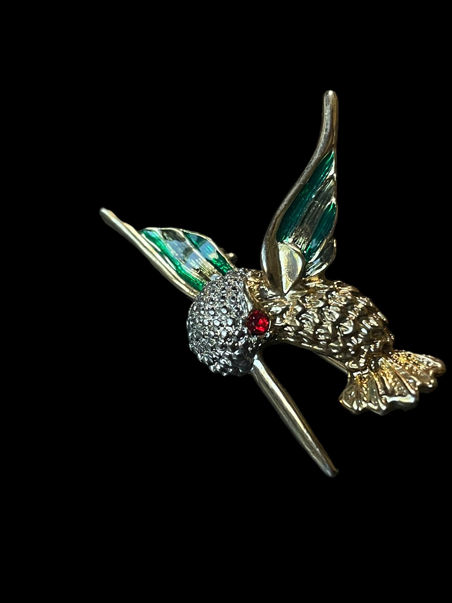 Vintage Gold and Silver Tone Red Gemstone Green Enamel Hummingbird Brooch Pin