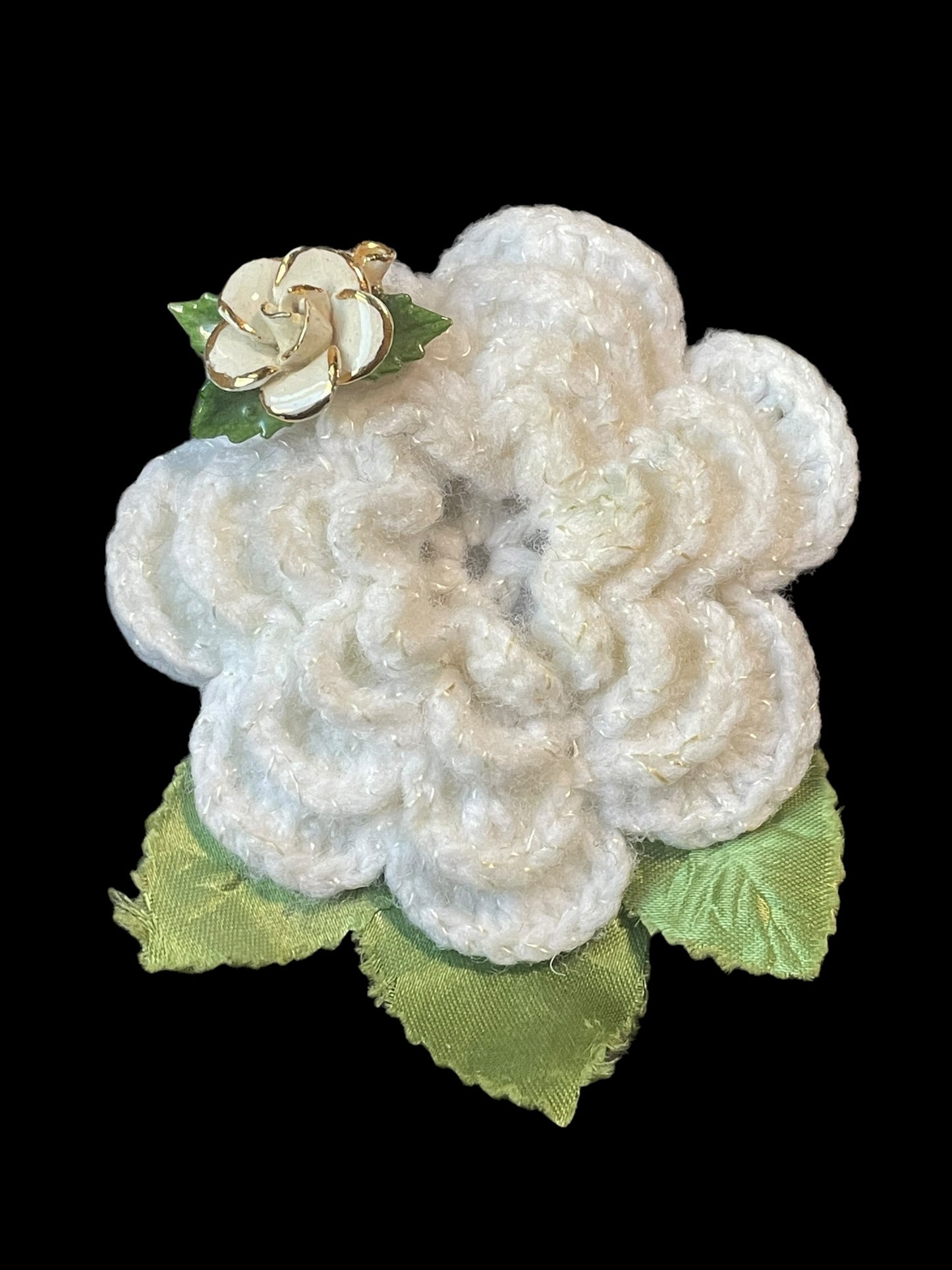 Hand Crocheted Rose with Fully Bloomed White Rose Enamel Brooch Pin