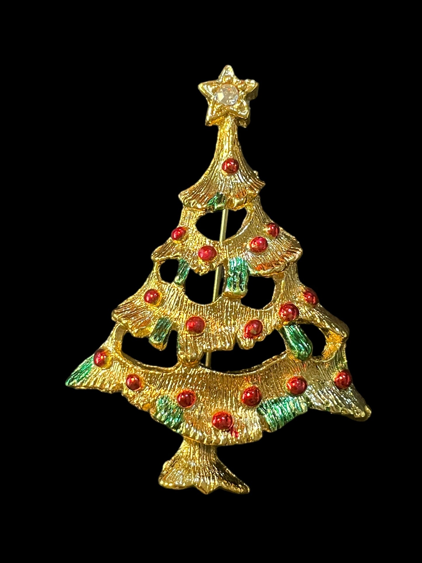 Vintage Gold Toned Christmas Tree Enamel Red Ornament Brooch Pin