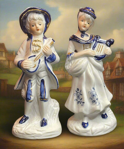 Vintage Musician Couple White & Blue with Gold Accent Porcelain Figurines