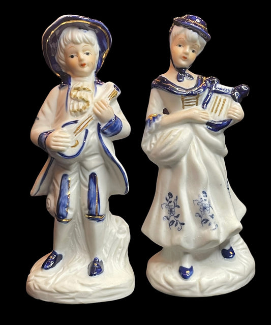 Vintage Musician Couple White & Blue with Gold Accent Porcelain Figurines