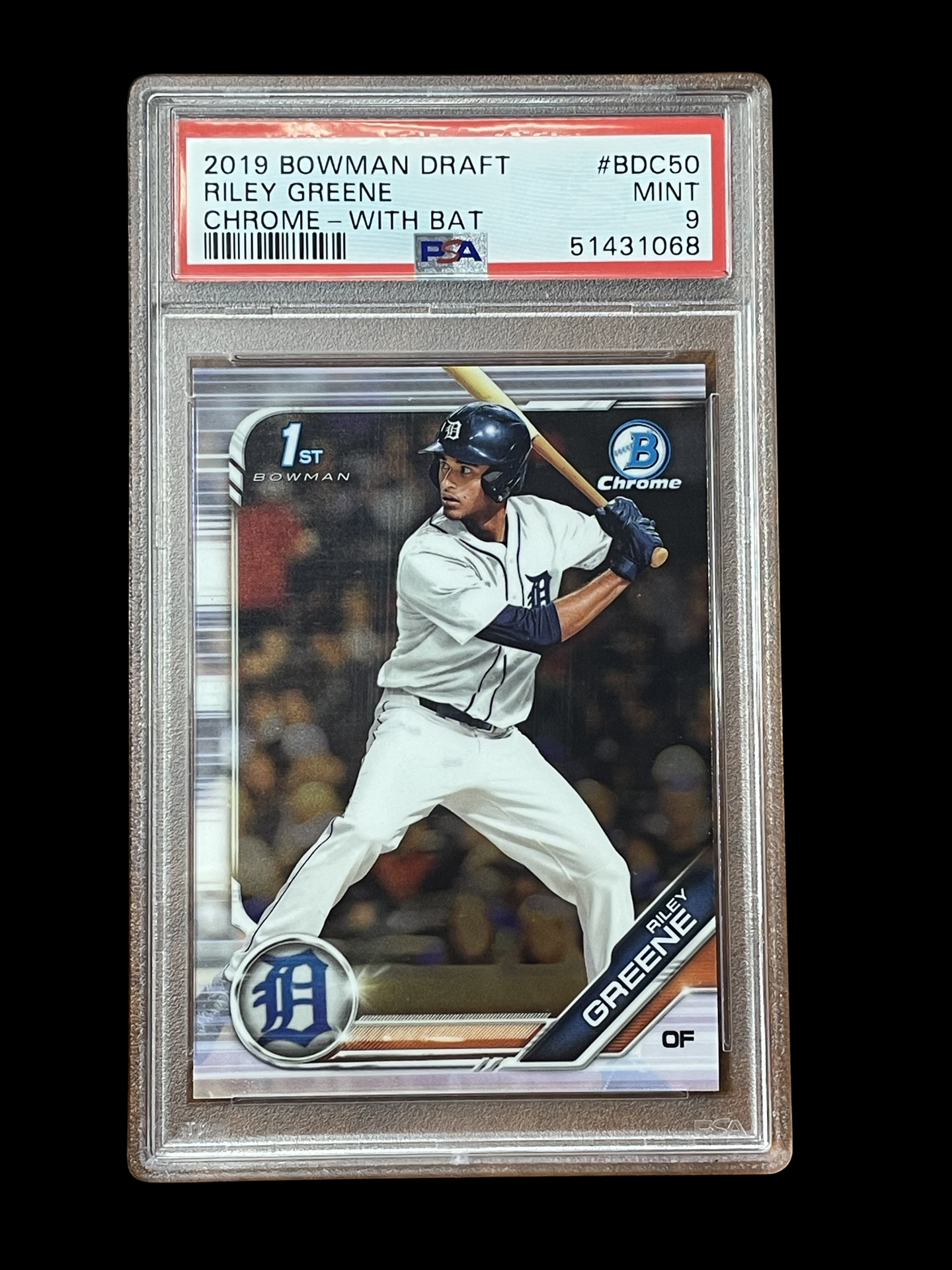 Riley Greene With Bat #BDC-50 2019 Bowman Draft Chrome Graded PSA 9