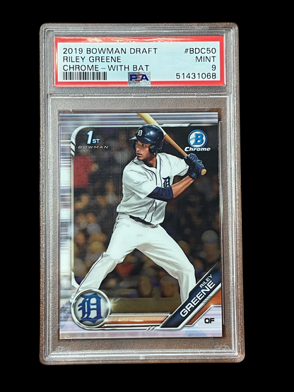 Riley Greene With Bat #BDC-50 2019 Bowman Draft Chrome Graded PSA 9