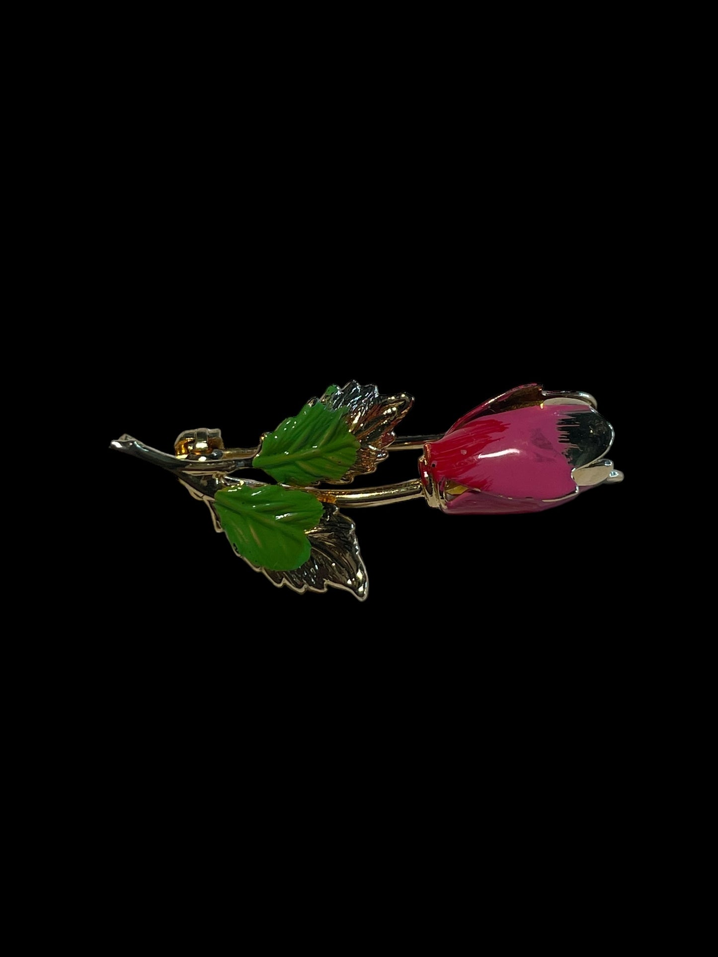 Vintage Gold Toned Hand Painted Pink Rose Brooch Pin