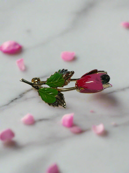 Vintage Gold Toned Hand Painted Pink Rose Brooch Pin