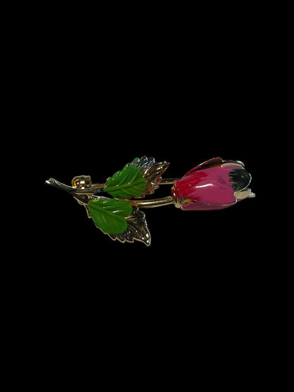 Vintage Gold Toned Hand Painted Pink Rose Brooch Pin